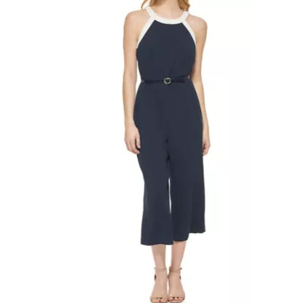 Tommy Hilfiger Women's Sleeveless Cropped Color Block Jumpsuit sz 12 Navy
